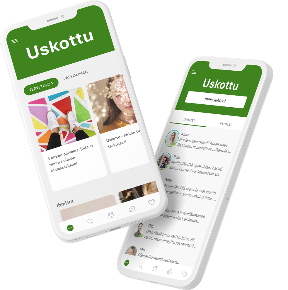 Uskottu-sovelluksen näkymiä kahdessa puhelimessa